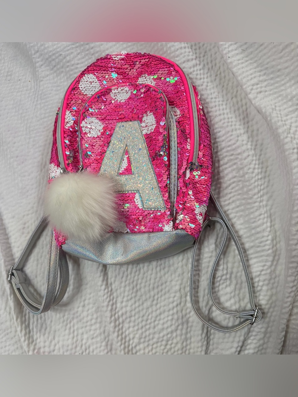 Justice Sequin Backpack with Faux Fur Pom-Pom - Pink "A" Accent